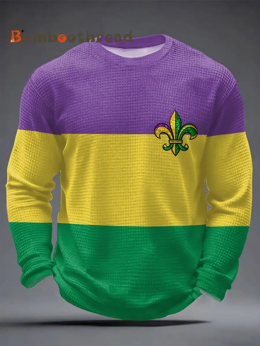 Men’s Mardi Gras Fleur De Lis Colorblock Print Casual Waffle Long Sleeve T-Shirt Mixed Color / S