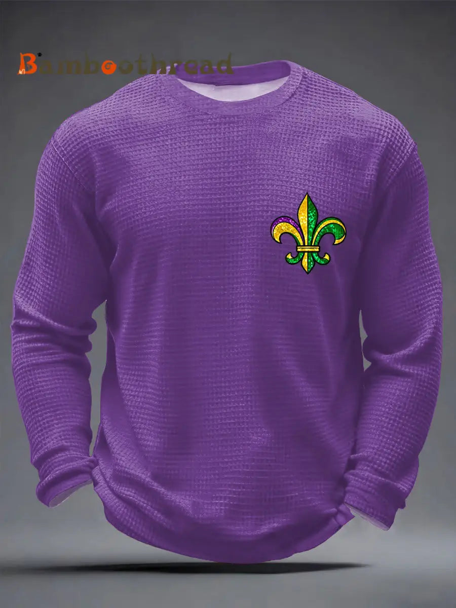 Men’s Mardi Gras Fleur De Lis Colorblock Print Casual Waffle Long Sleeve T-Shirt Purple / S
