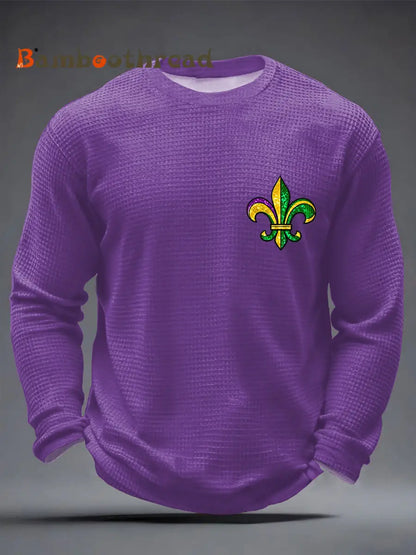 Men’s Mardi Gras Fleur De Lis Colorblock Print Casual Waffle Long Sleeve T-Shirt Purple / S