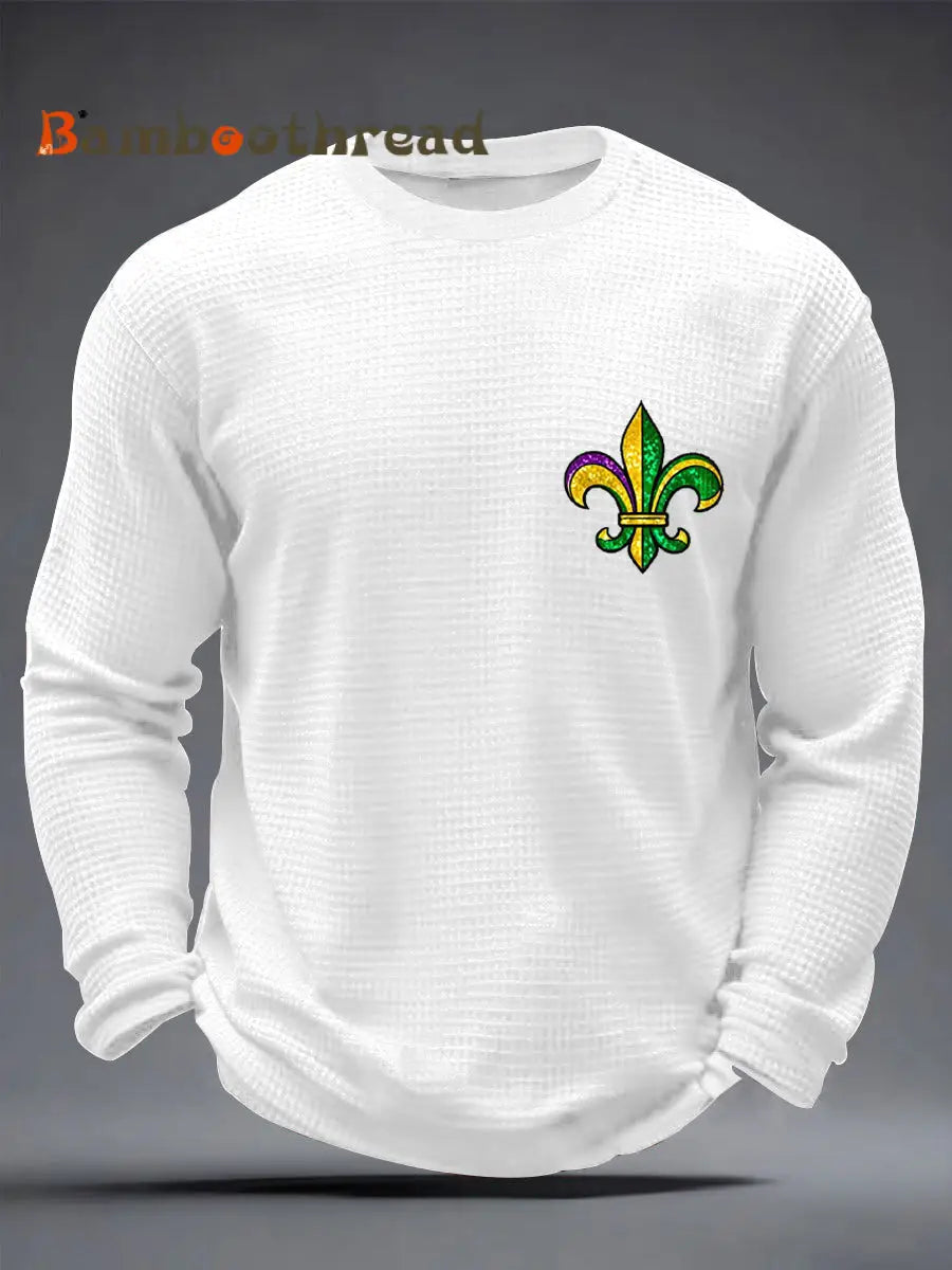 Men’s Mardi Gras Fleur De Lis Colorblock Print Casual Waffle Long Sleeve T-Shirt White / S