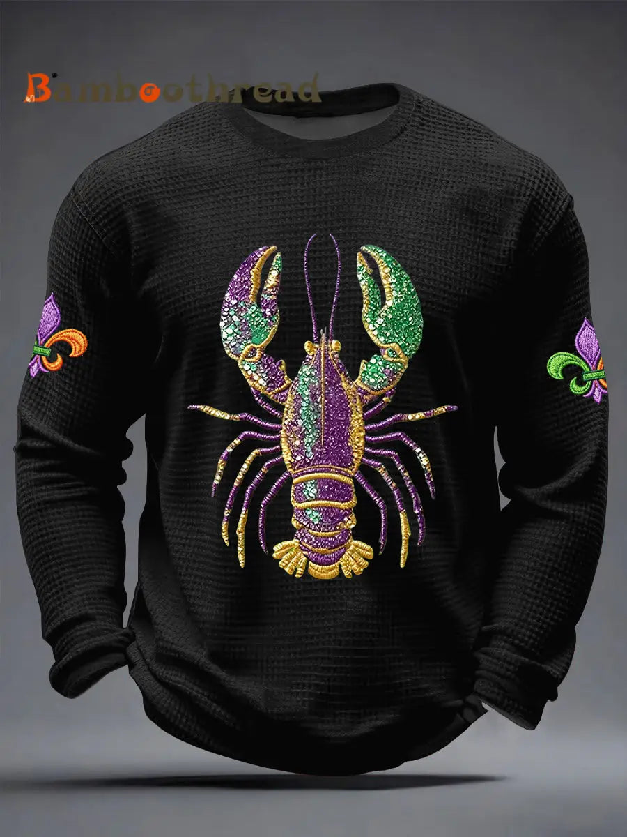 Men’s Mardi Gras Lobster Fleur De Lis Print Casual Waffle Long Sleeve T-Shirt Black / S