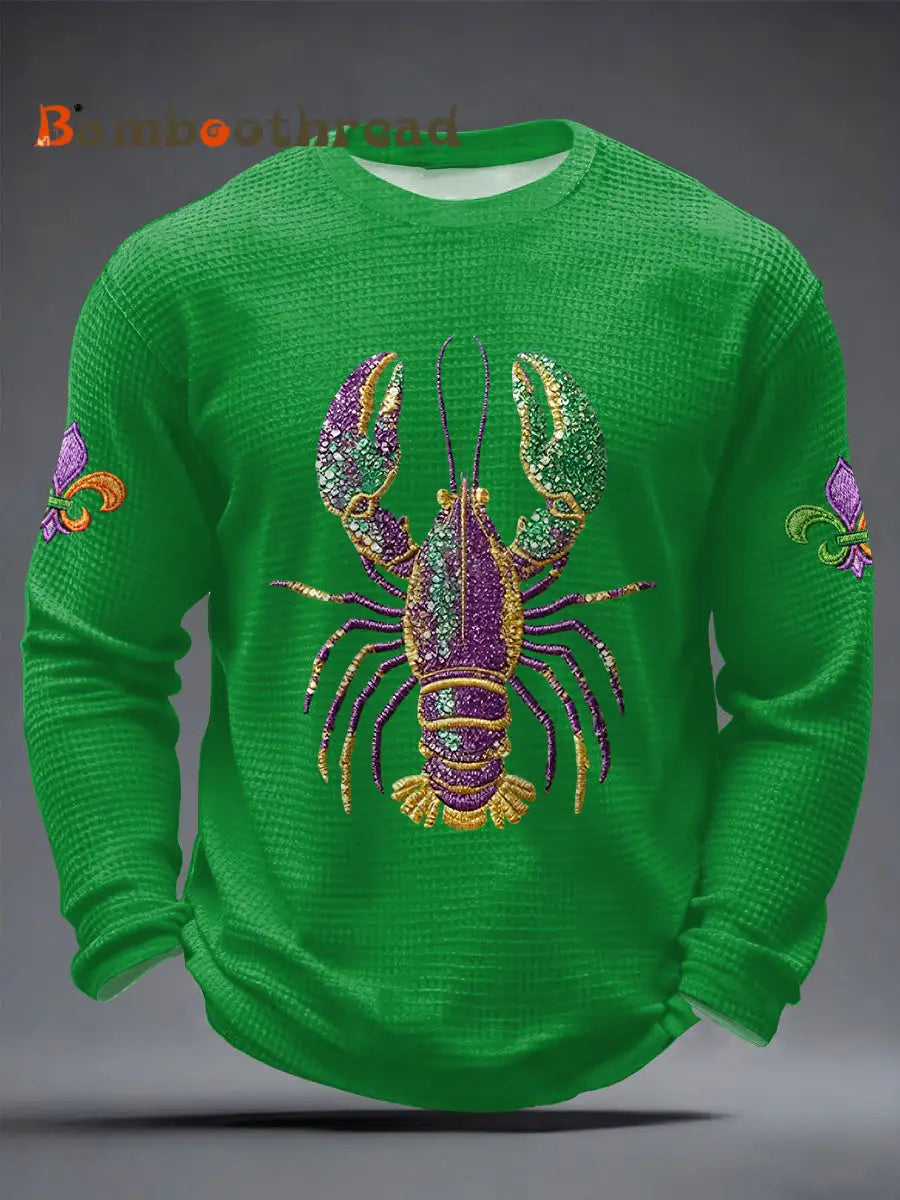Men’s Mardi Gras Lobster Fleur De Lis Print Casual Waffle Long Sleeve T-Shirt Green / S