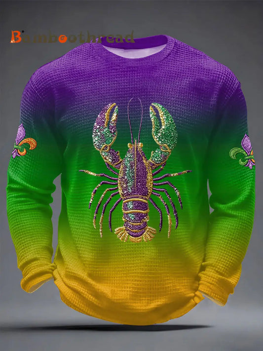 Men’s Mardi Gras Lobster Fleur De Lis Print Casual Waffle Long Sleeve T-Shirt Mixed Color / S