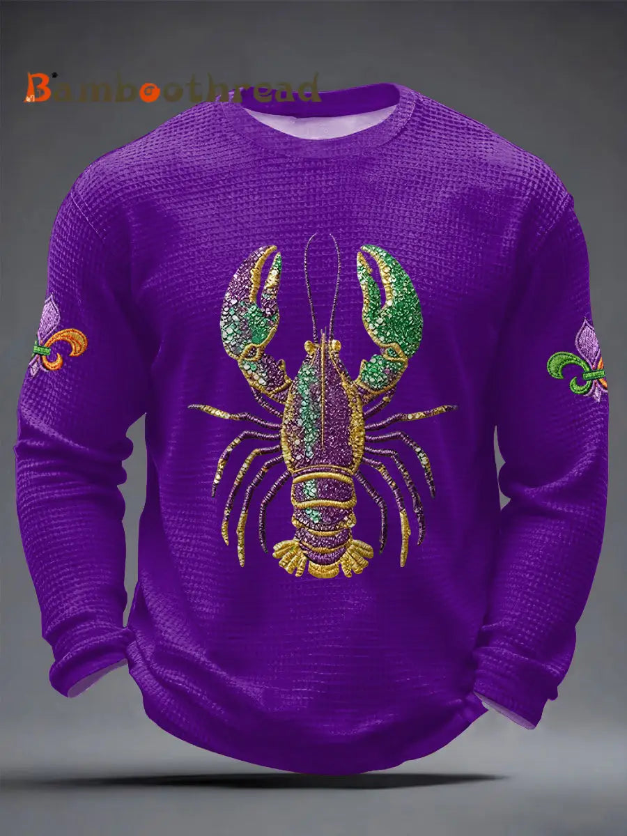 Men’s Mardi Gras Lobster Fleur De Lis Print Casual Waffle Long Sleeve T-Shirt Purple / S