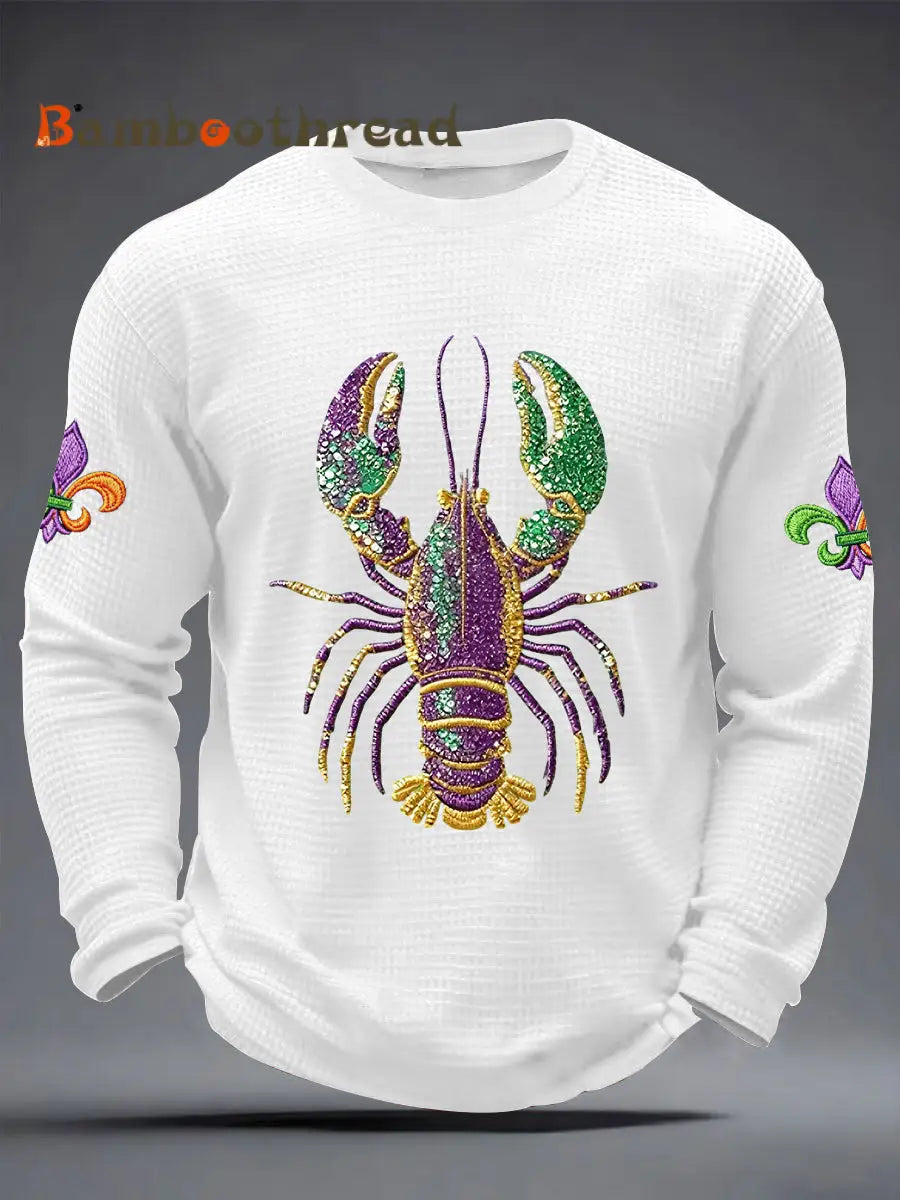 Men’s Mardi Gras Lobster Fleur De Lis Print Casual Waffle Long Sleeve T-Shirt White / S