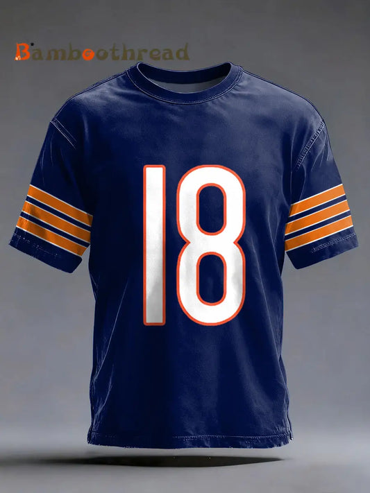 Men’s Number 18 Chicago Football Fans Gameday Casual Tee Navy Blue / S