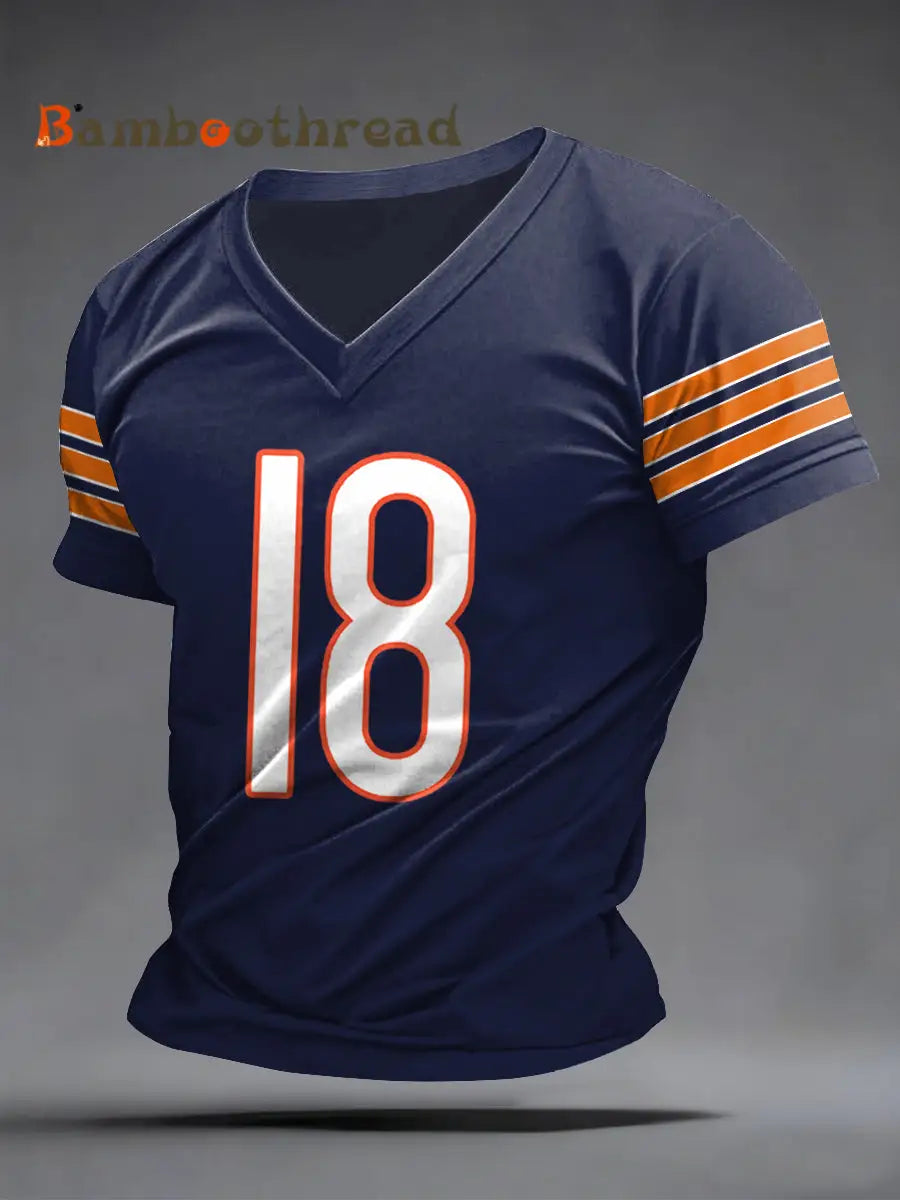 Men’s Number 18 Football Fans Gameday Casual V-Neck Tee Navy Blue / S