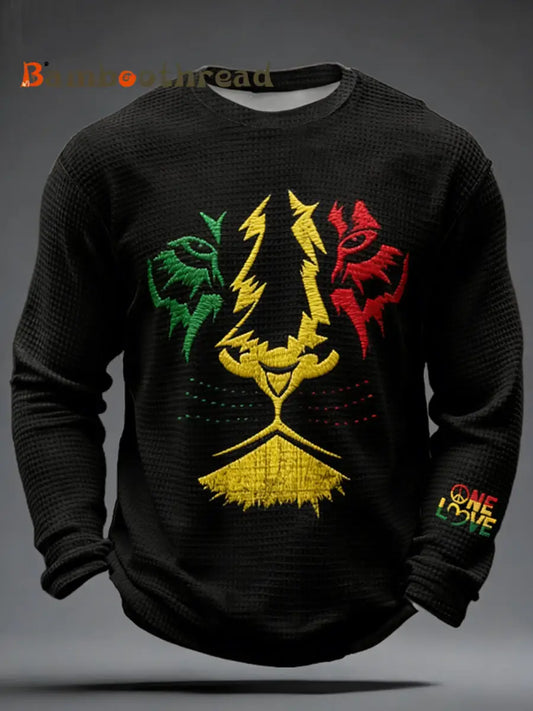 Men’s One Love Rasta Lion Waffle Long Sleeve T-Shirt Black / S