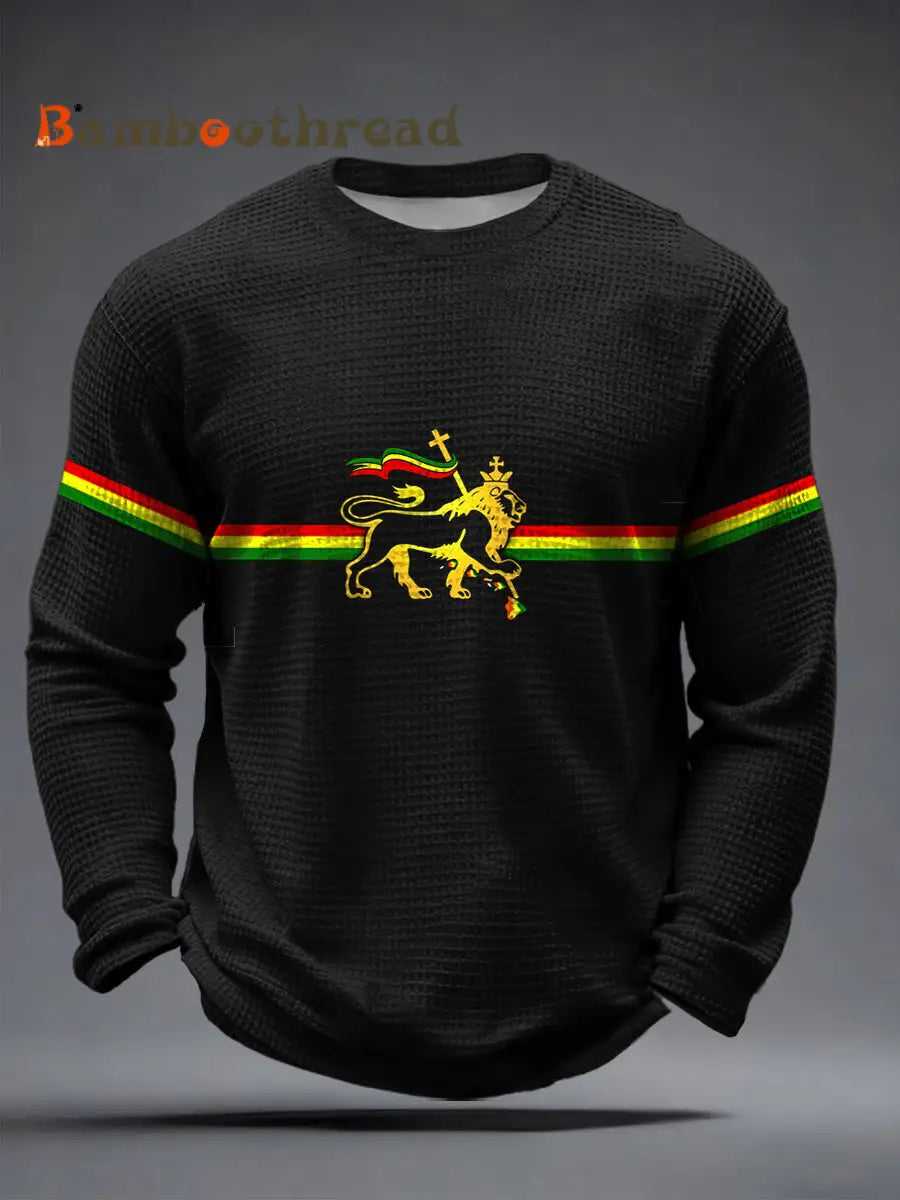 Men’s Reggae Music Inspired Lion Print Waffle Long-Sleeve T-Shirt Black / S