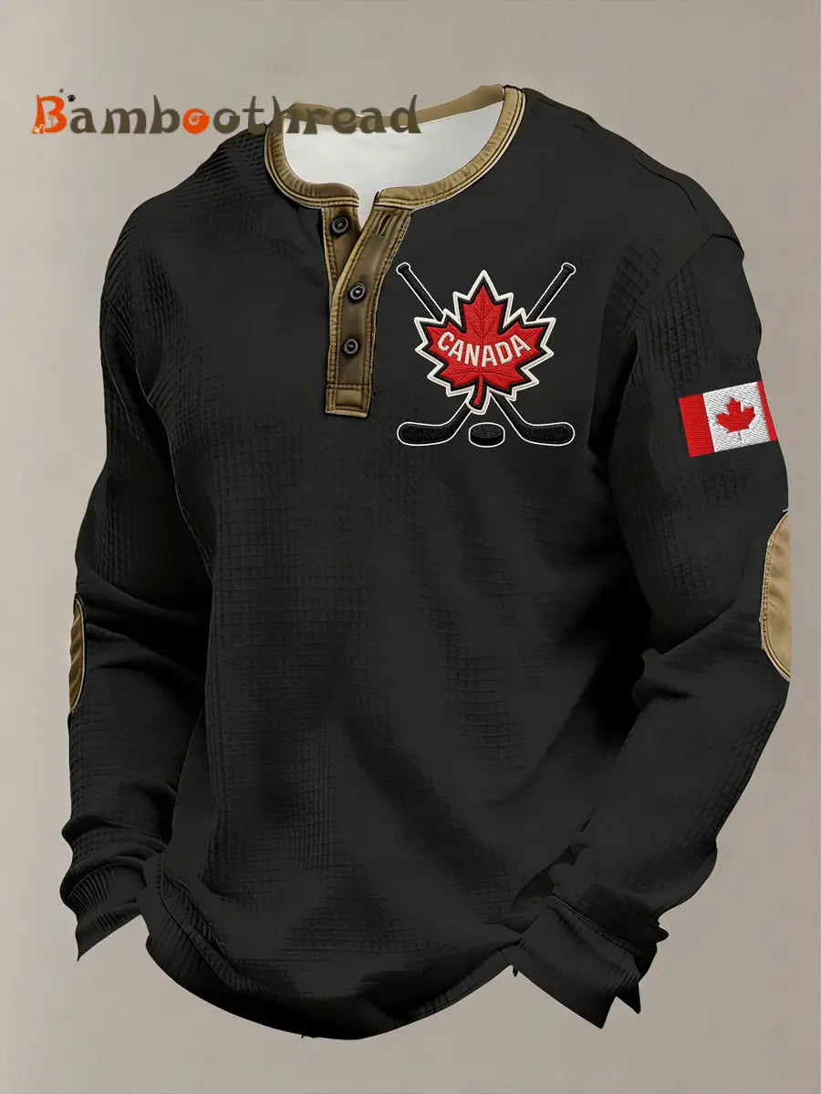 Men’s Retro Canada Hockey Printed Casual Long-Sleeved Top Black / S