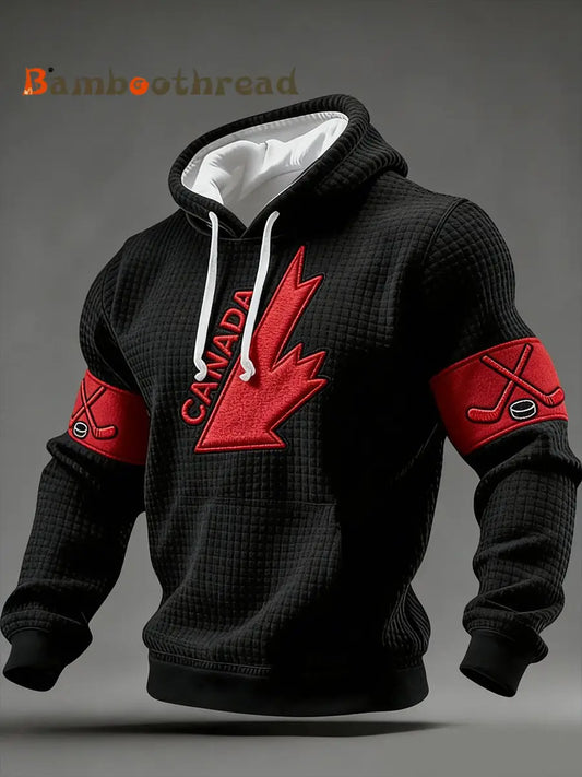 Men’s Retro Canadian Ice Hockey Print Waffle Knit Hoodie Black / S