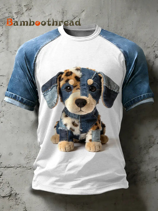 Men’s Retro Dog Art Pattern Patchwork Print Casual Short Sleeved T-Shirt As picture / S