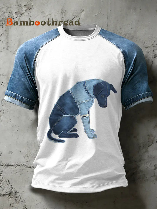 Men’s Retro Dog Art Pattern Patchwork Print Casual Short Sleeved T-Shirt As picture / S