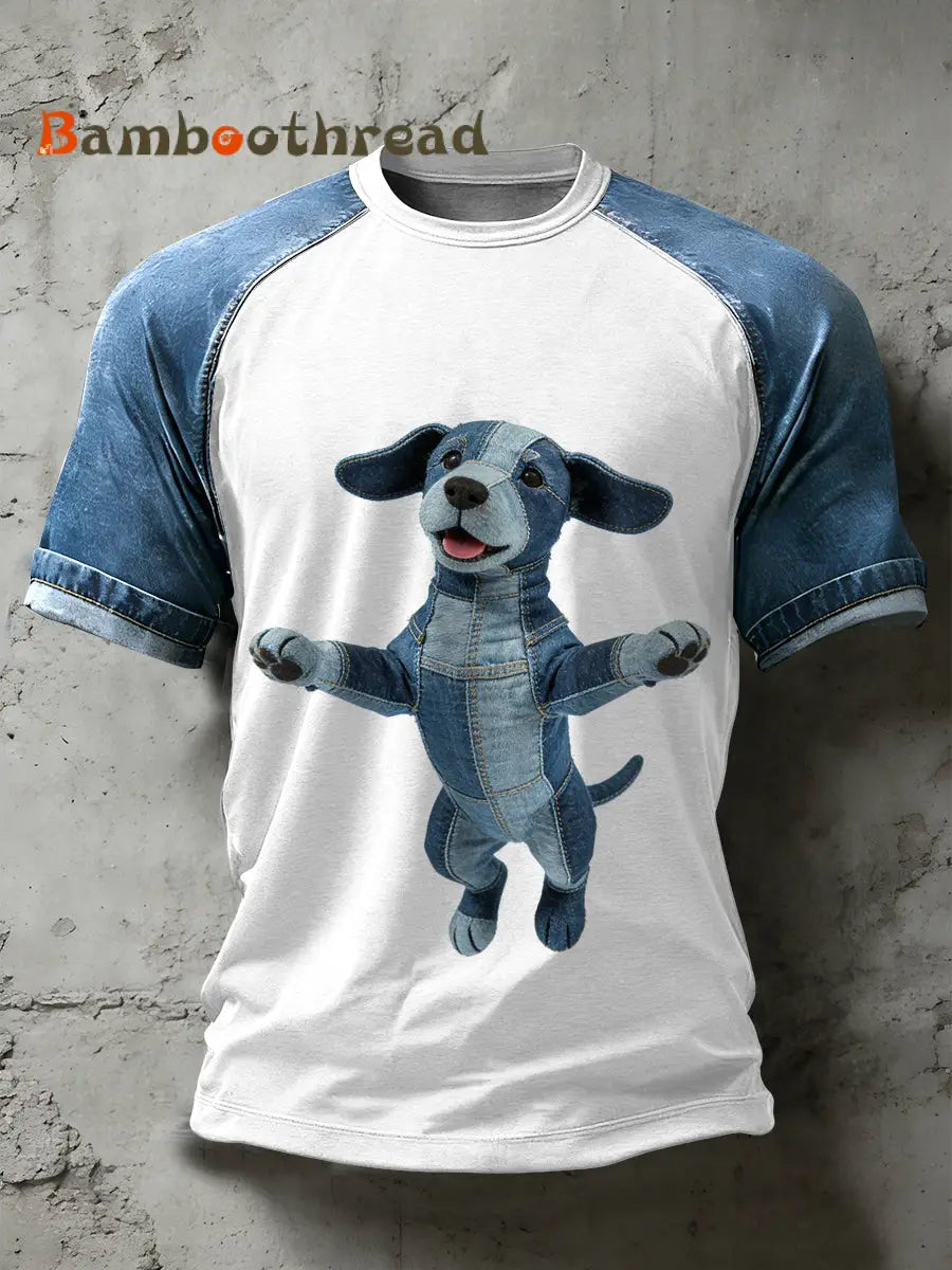 Men’s Retro Dog Art Pattern Patchwork Print Casual Short Sleeved T-Shirt As picture / S