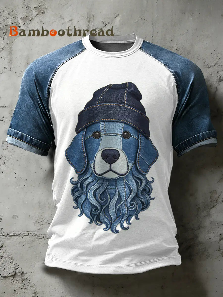 Men’s Retro Dog Art Pattern Patchwork Print Casual Short Sleeved T-Shirt As picture / S