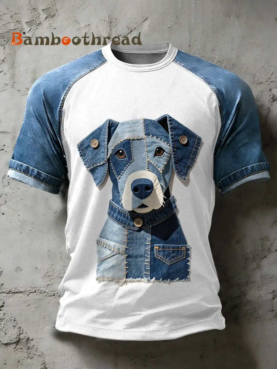 Men’s Retro Dog Art Pattern Patchwork Print Casual Short Sleeved T-Shirt As picture / S