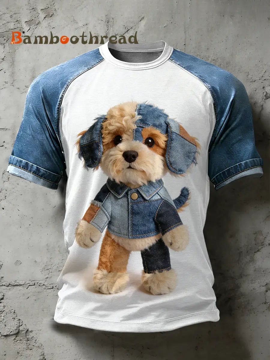 Men’s Retro Dog Art Pattern Patchwork Print Casual Short Sleeved T-Shirt As picture / S
