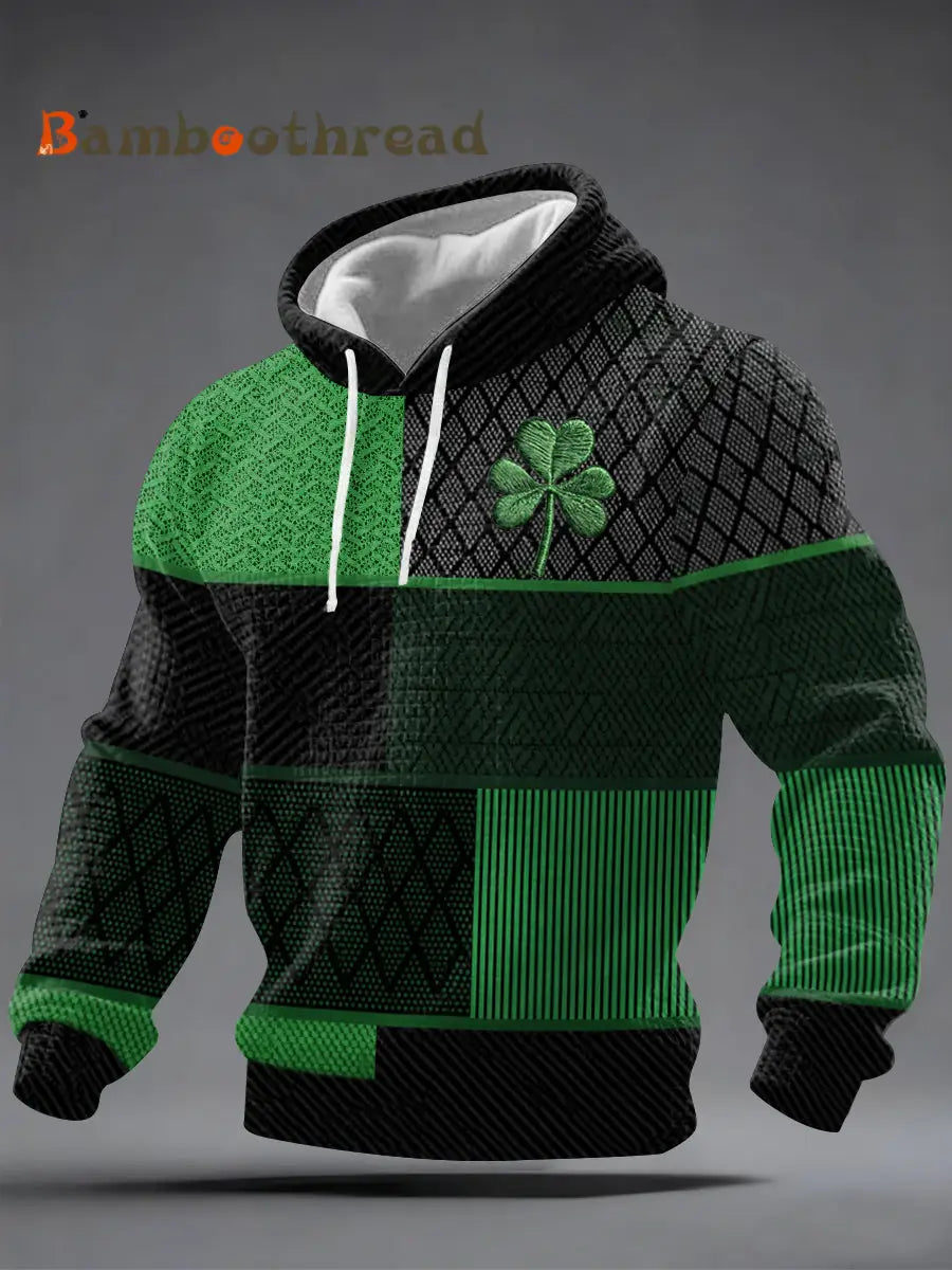 Men’s St Patrick’s Day Shamrock Colockblock Print Casual Checkered Hoodie Black-Green / S