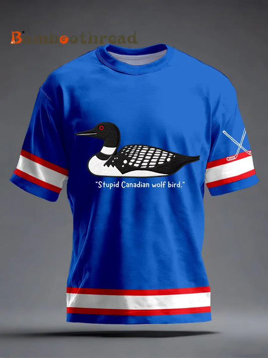 Men’s Stupid Canadian Wolf Bird Embroidered T-Shirt Blue / S