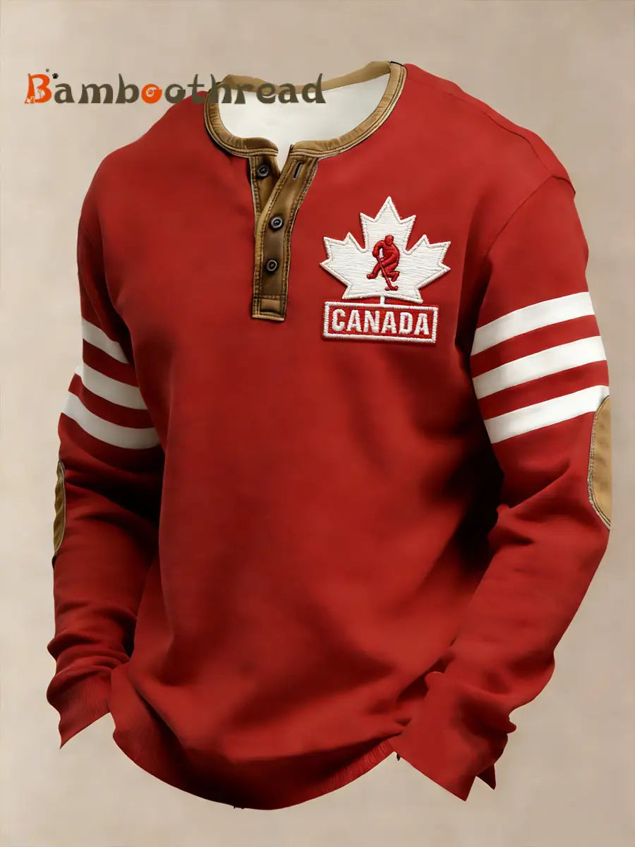 Men’s Vintage Canadian Hockey Casual Henley Shirt Red / S