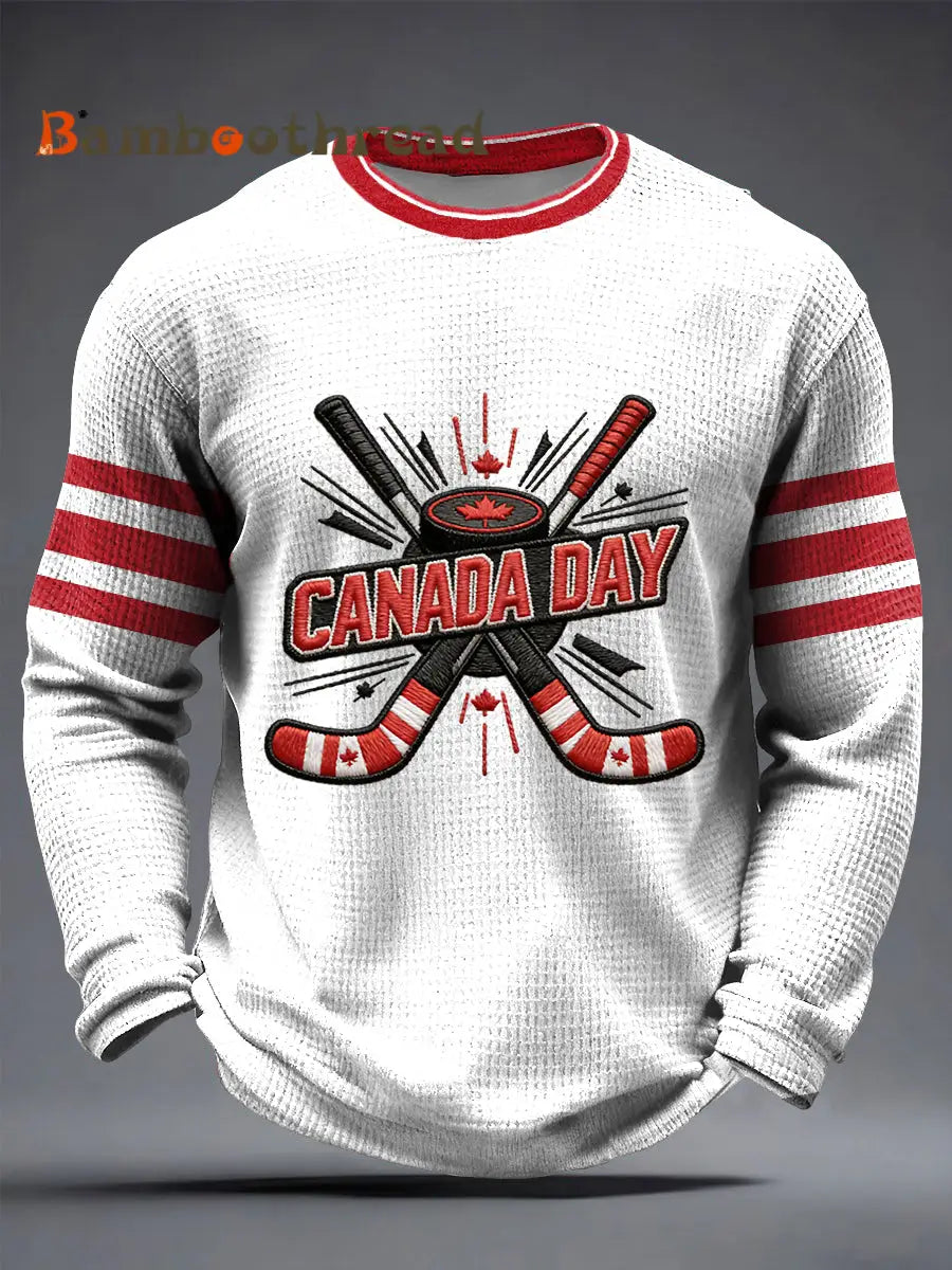 Men’s Vintage Canadian Hockey Casual Waffle Weave T-Shirt White / S