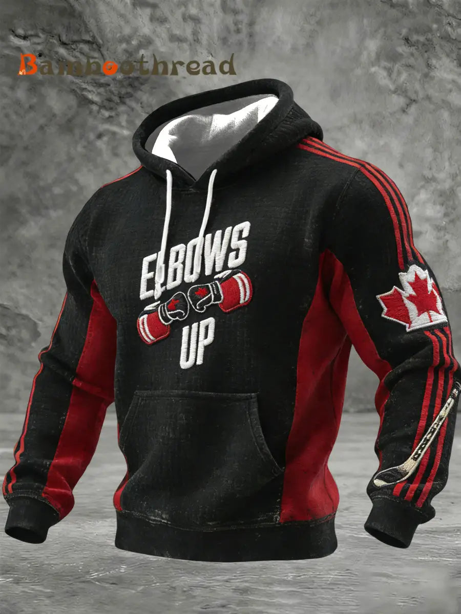 Men’s Vintage Canadian Hockey Elbows Up Casual Waffle Hoodie Black / S