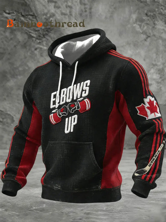 Men’s Vintage Canadian Hockey Elbows Up Casual Waffle Hoodie Black / S