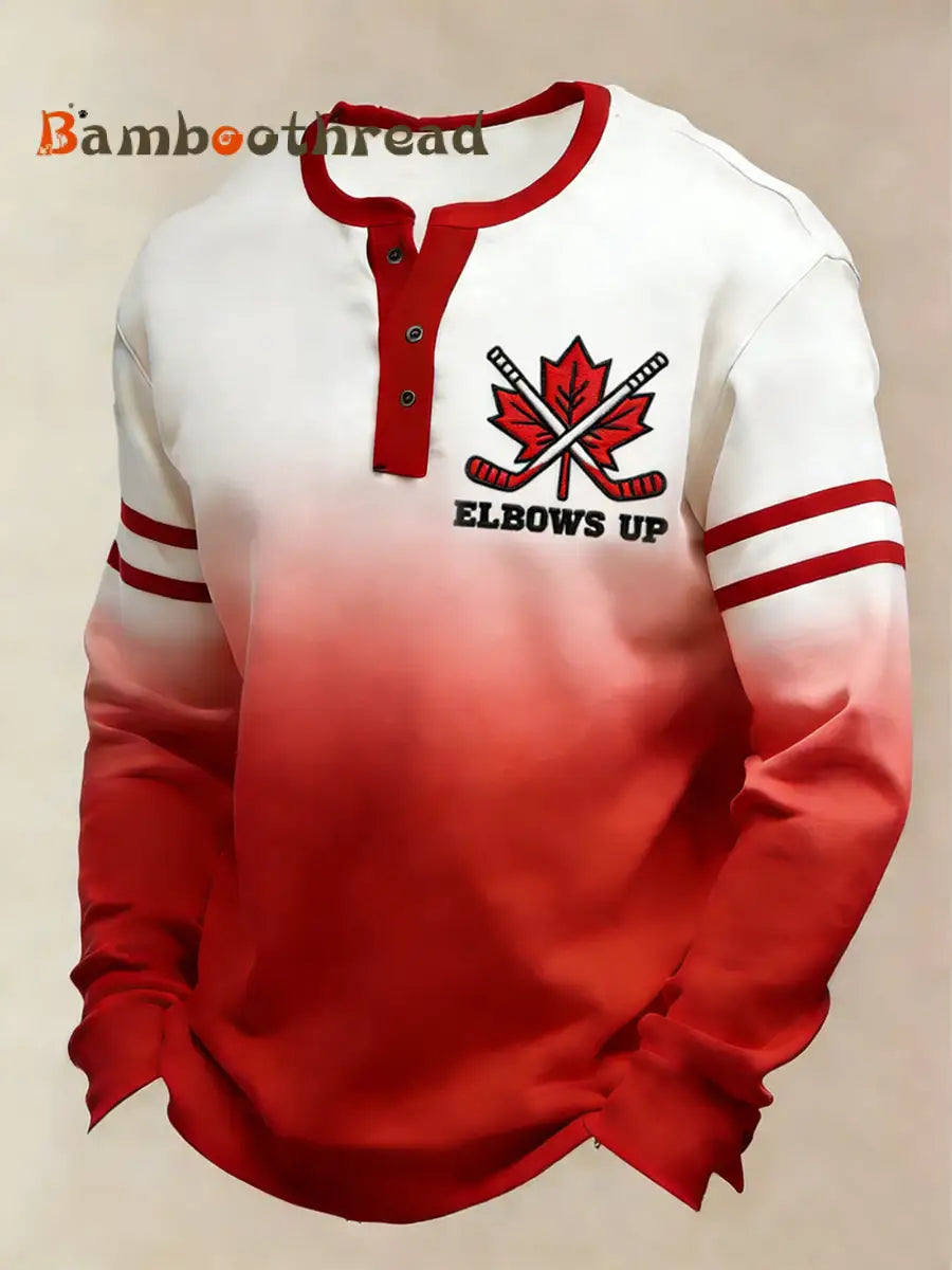Men’s Vintage Canadian Hockey Emblem Gradient Casual Henley Shirt Red / S