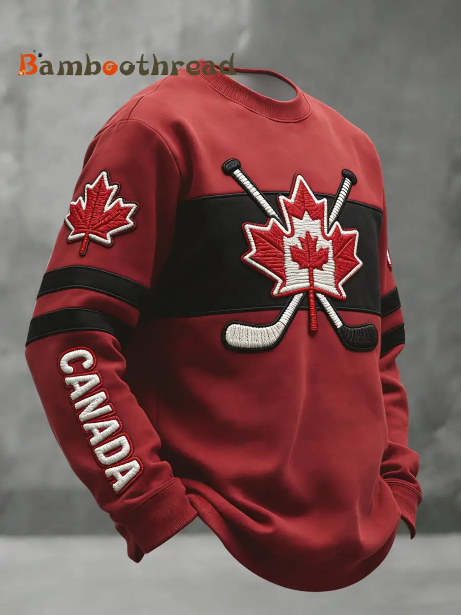 Men’s Vintage Canadian Hockey Maple Leaf Casual Crewneck Sweatshirt Red / S
