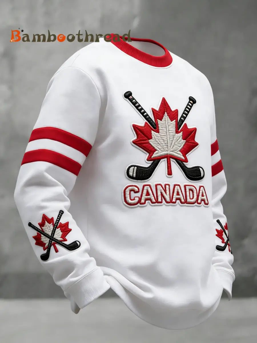 Men’s Vintage Canadian Hockey Patchwork Casual Crewneck Sweatshirt White / S