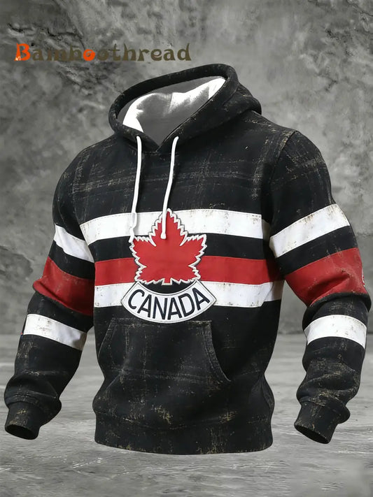 Men’s Vintage Canadian Hockey Patchwork Casual Hoodie Black / S
