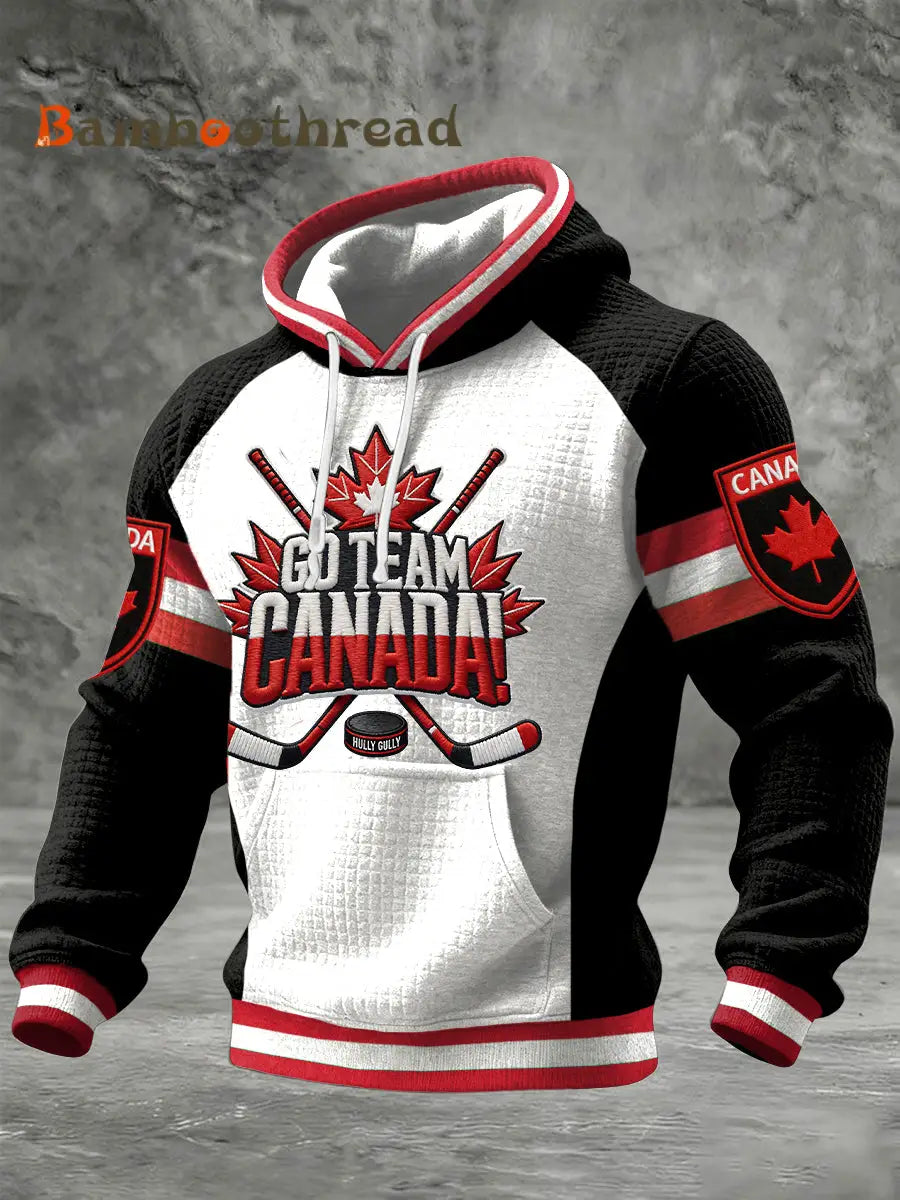 Men’s Vintage Canadian Hockey Patchwork Casual Hoodie Black / S
