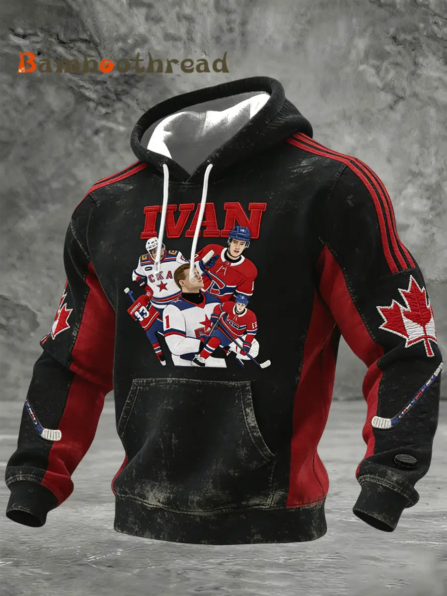 Men’s Vintage Canadian Hockey Team Casual Hoodie Black / S