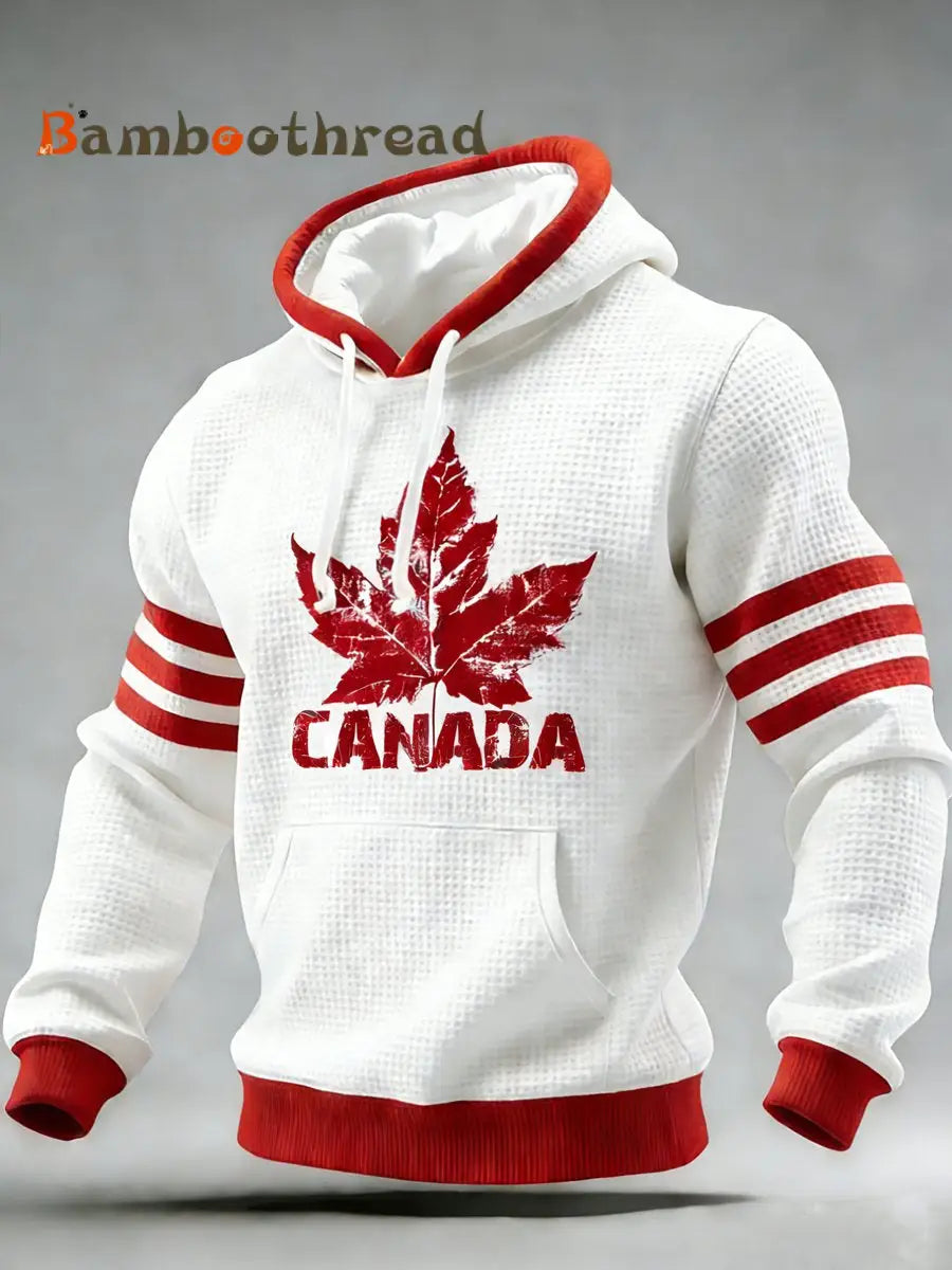 Men’s Vintage Canadian Ice Hockey Print Long-Sleeved Hoodie White / S