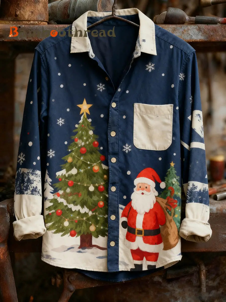 Men’s Vintage Christmas Art Print Casual Comfort Long Sleeve Shirt A / S