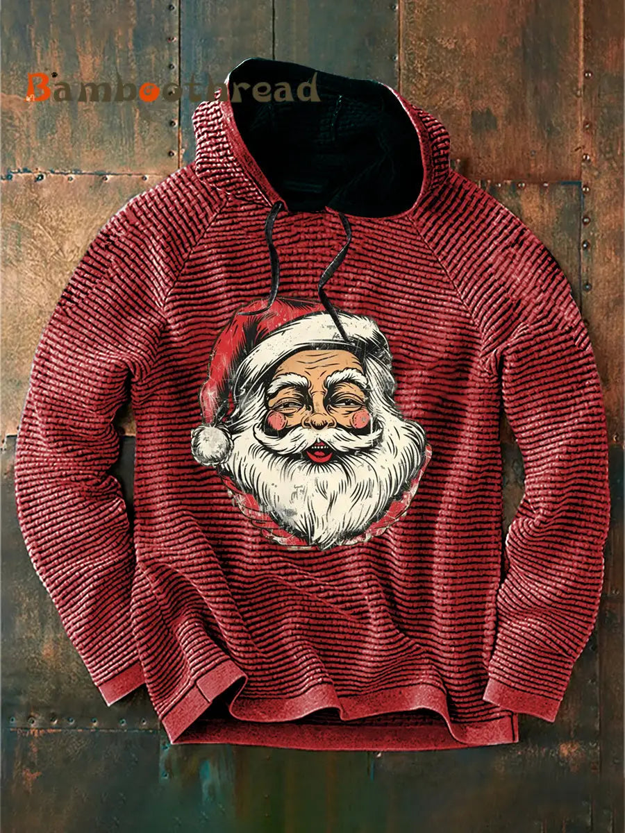 Retro Christmas Santa Claus Print Casual Cotton French Terry Hoodie Wine Red / S