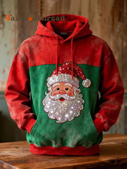 Retro Christmas Sequin Santa Patchwork Print Casual Long Sleeve Pocket Sweatshirt Red / S