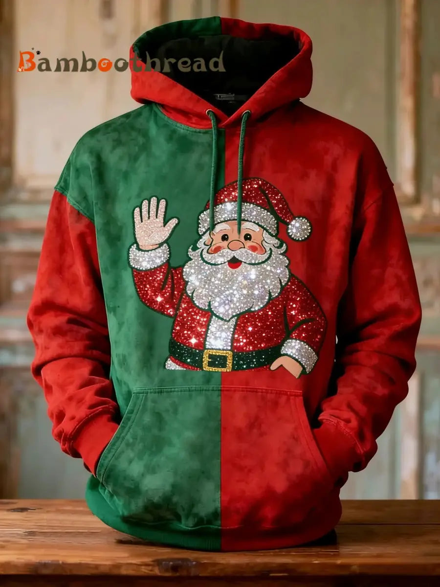 Retro Christmas Sequin Santa Patchwork Print Casual Long Sleeve Pocket Sweatshirt Red / S
