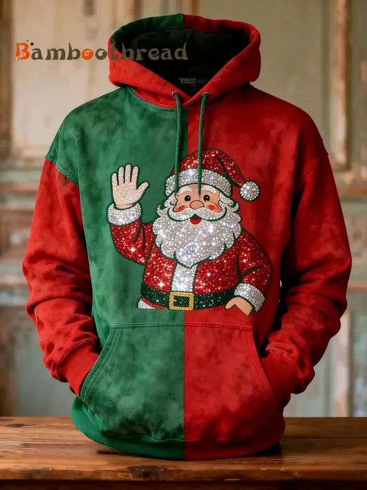 Retro Christmas Sequin Santa Patchwork Print Casual Long Sleeve Pocket Sweatshirt Red / S