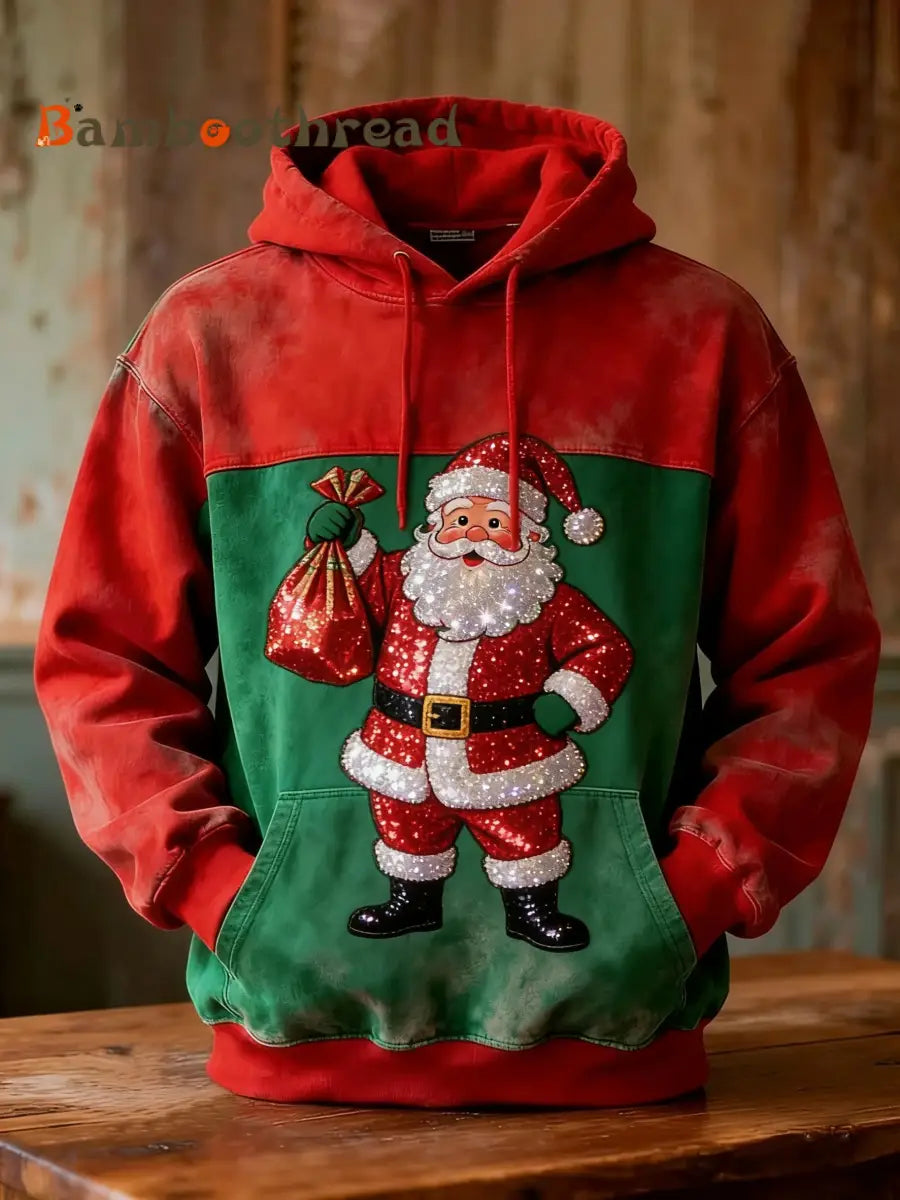 Retro Christmas Sequin Santa Patchwork Print Casual Long Sleeve Pocket Sweatshirt Red / S