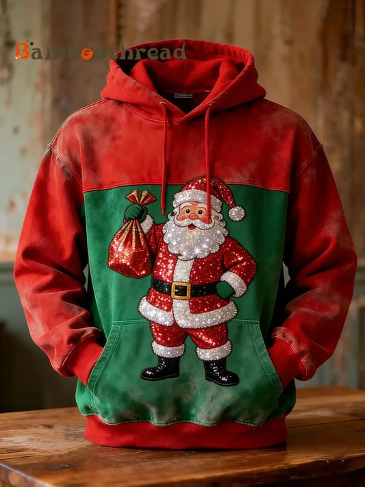 Retro Christmas Sequin Santa Patchwork Print Casual Long Sleeve Pocket Sweatshirt Red / S
