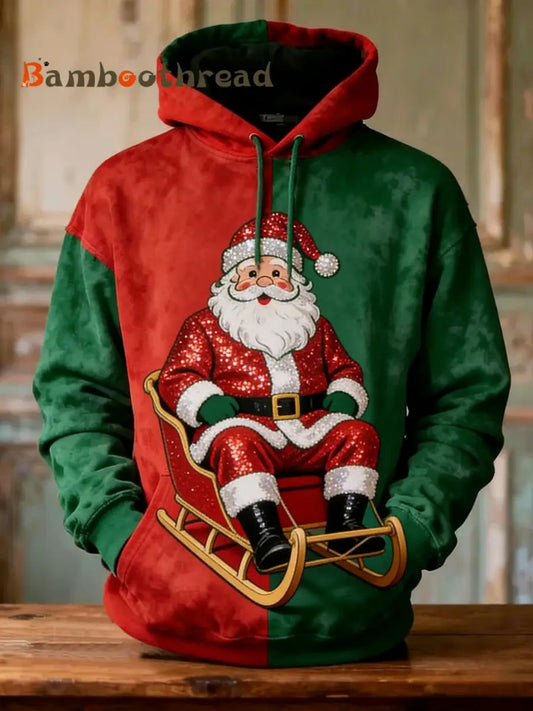 Retro Christmas Sequin Santa Patchwork Print Casual Long Sleeve Pocket Sweatshirt Red / S