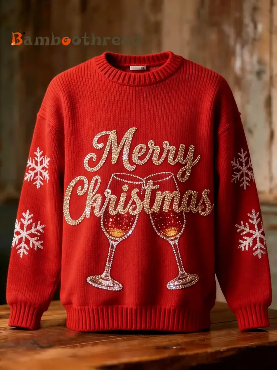 Retro Christmas Sequins Cocktail Snowflakes Art Print Long-sleeve Sweater Red / S