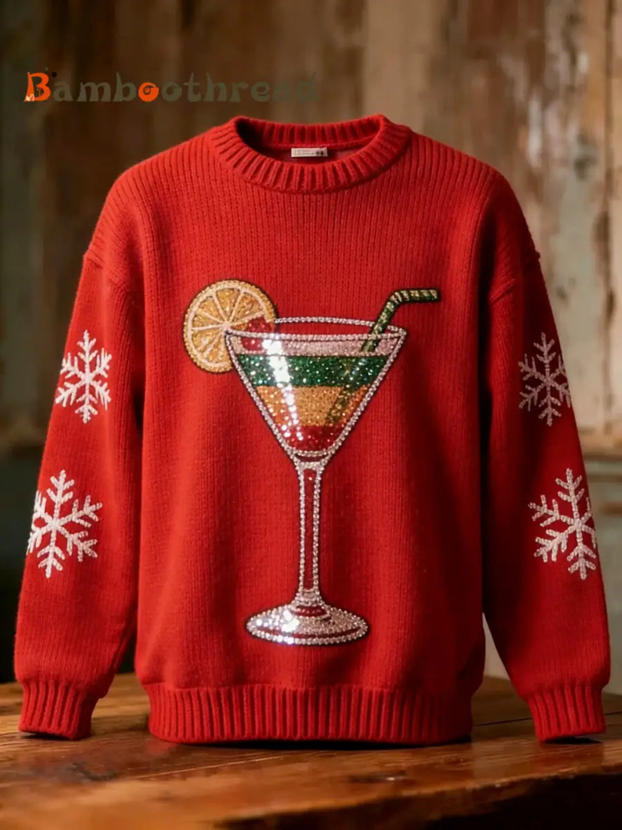Retro Christmas Sequins Cocktail Snowflakes Art Print Long-sleeve Sweater Red / S