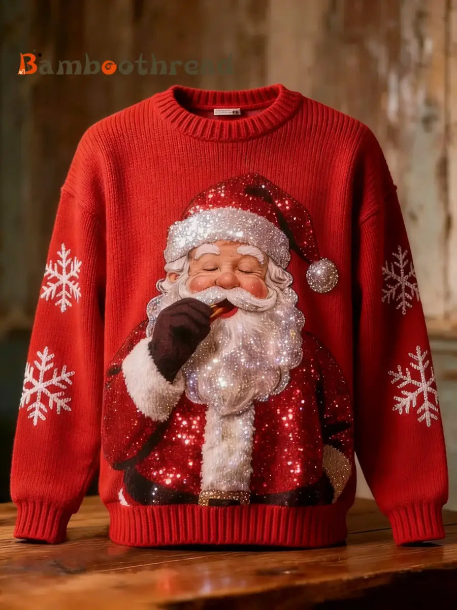 Retro Christmas Sequins Santa Claus Snowflakes Art Print Long-sleeve Sweater Red / S
