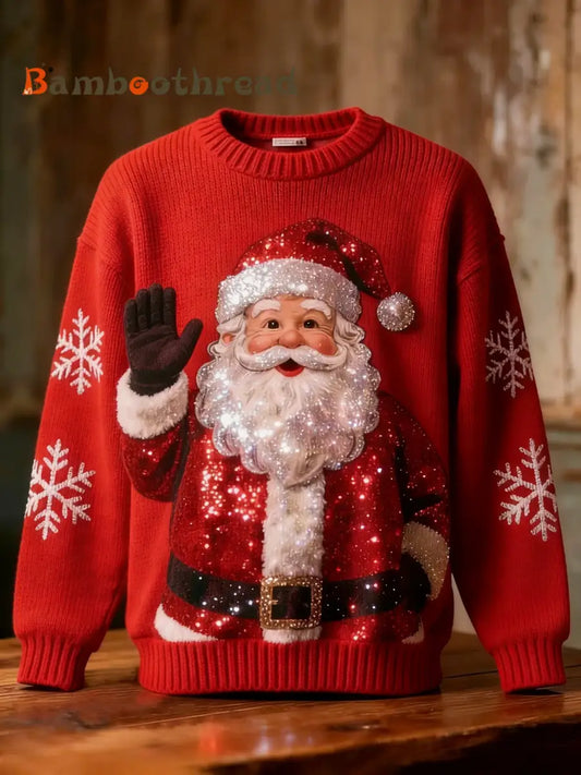 Retro Christmas Sequins Santa Claus Snowflakes Art Print Long-sleeve Sweater Red / S