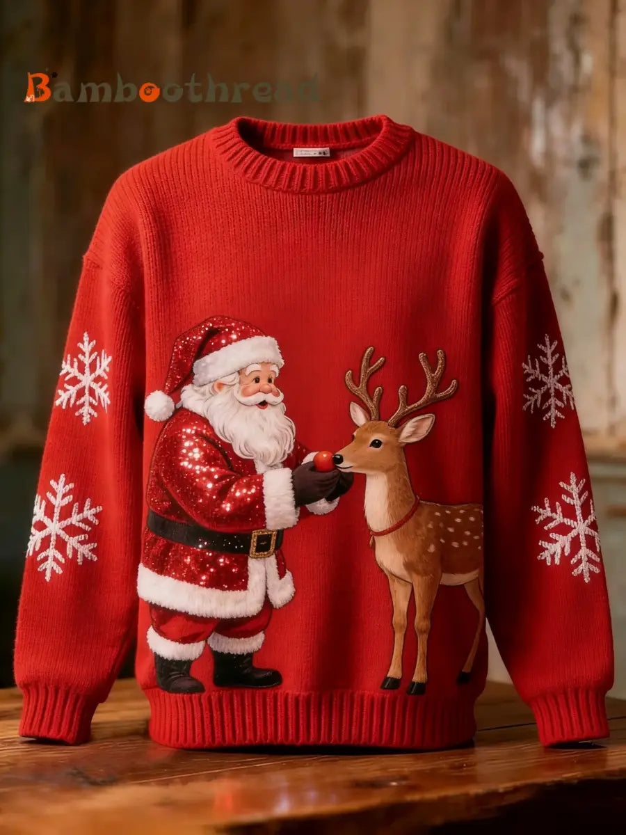 Retro Christmas Sequins Santa Reindeer Snowflakes Art Print Long-sleeve Sweater Red / S