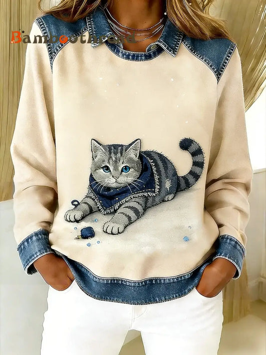 Retro Cute Animal Scarf Cat Denim Patchwork Art Printed Casual Loose Long Sleeve Lapel Sweatshirt Beige / S