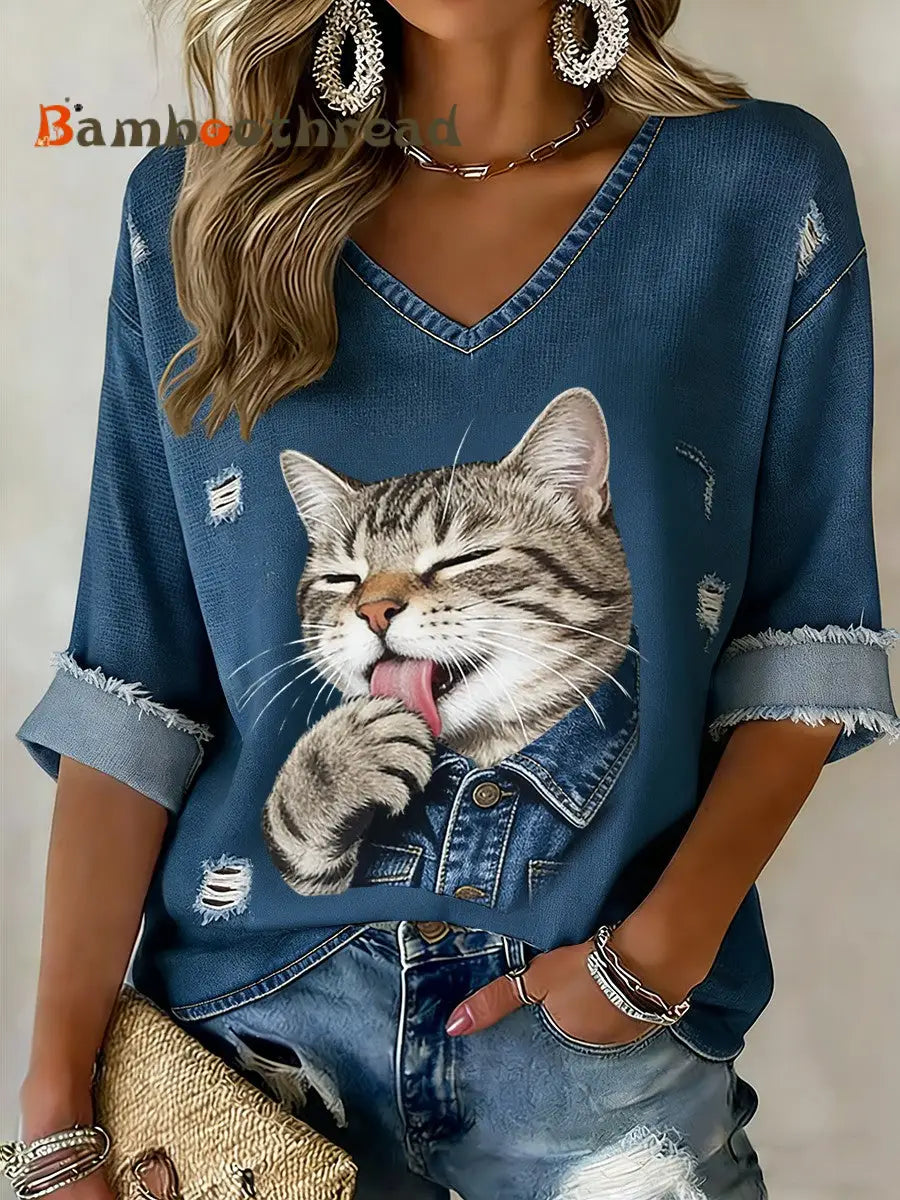 Retro Cute Cat Denim Patchwork Art Print Casual Cotton Long Sleeve T-Shirt Blue / S