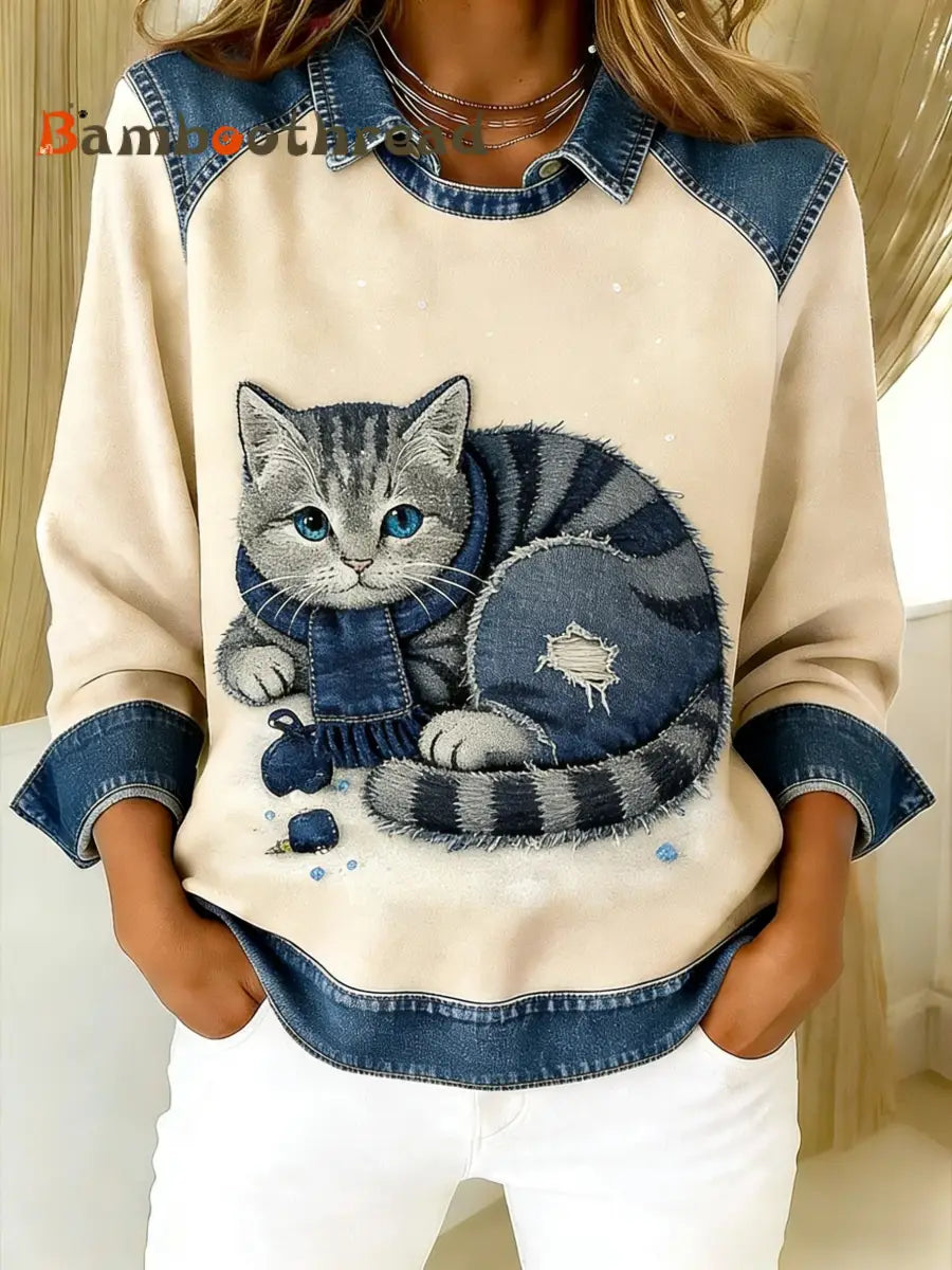 Retro Cute Cat Denim Scarf Patchwork Printed Casual Loose Long Sleeve Lapel Sweatshirt Apricot / S